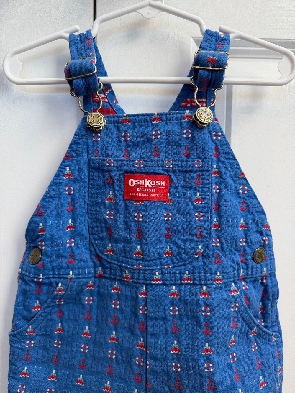Vintage OshKosh B’Gosh Vestbak Blue Nautical Print Shortall Overalls Size 24 Mo